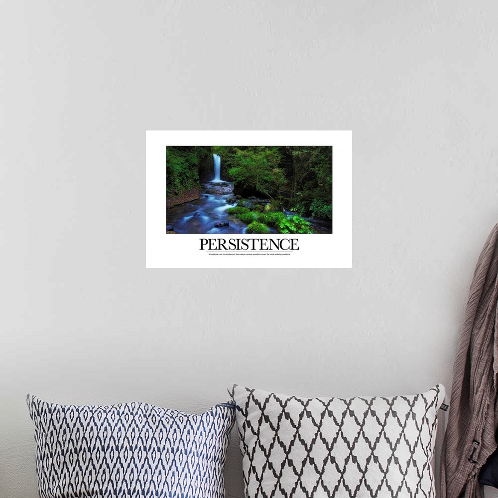 A bohemian room featuring Motivational poster of a waterfall in a lush forest with the caption "Persistence:  It is attitud...
