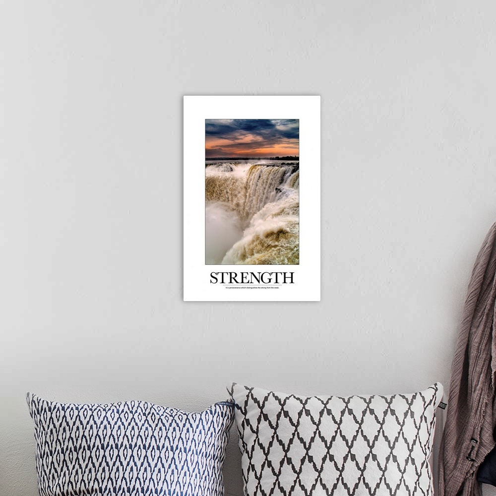 A bohemian room featuring Big, vertical motivational wall hanging of large waterfalls beneath a vibrant sunset.  The image ...