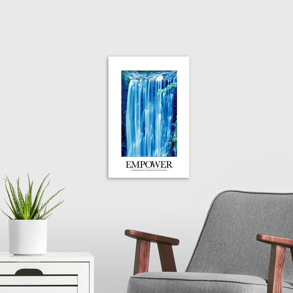 A modern room featuring A large waterfall is photographed and surrounded by a white border. The word Empower is placed on...
