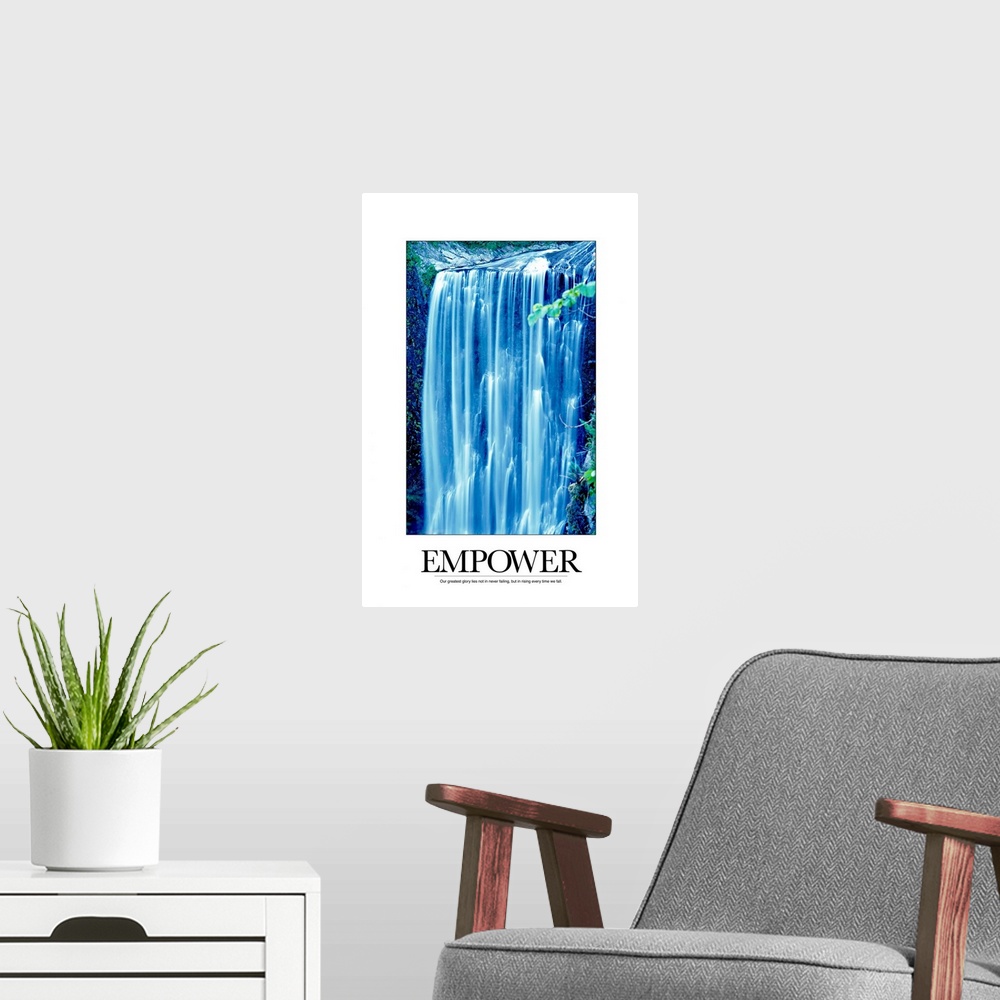 A modern room featuring A large waterfall is photographed and surrounded by a white border. The word Empower is placed on...