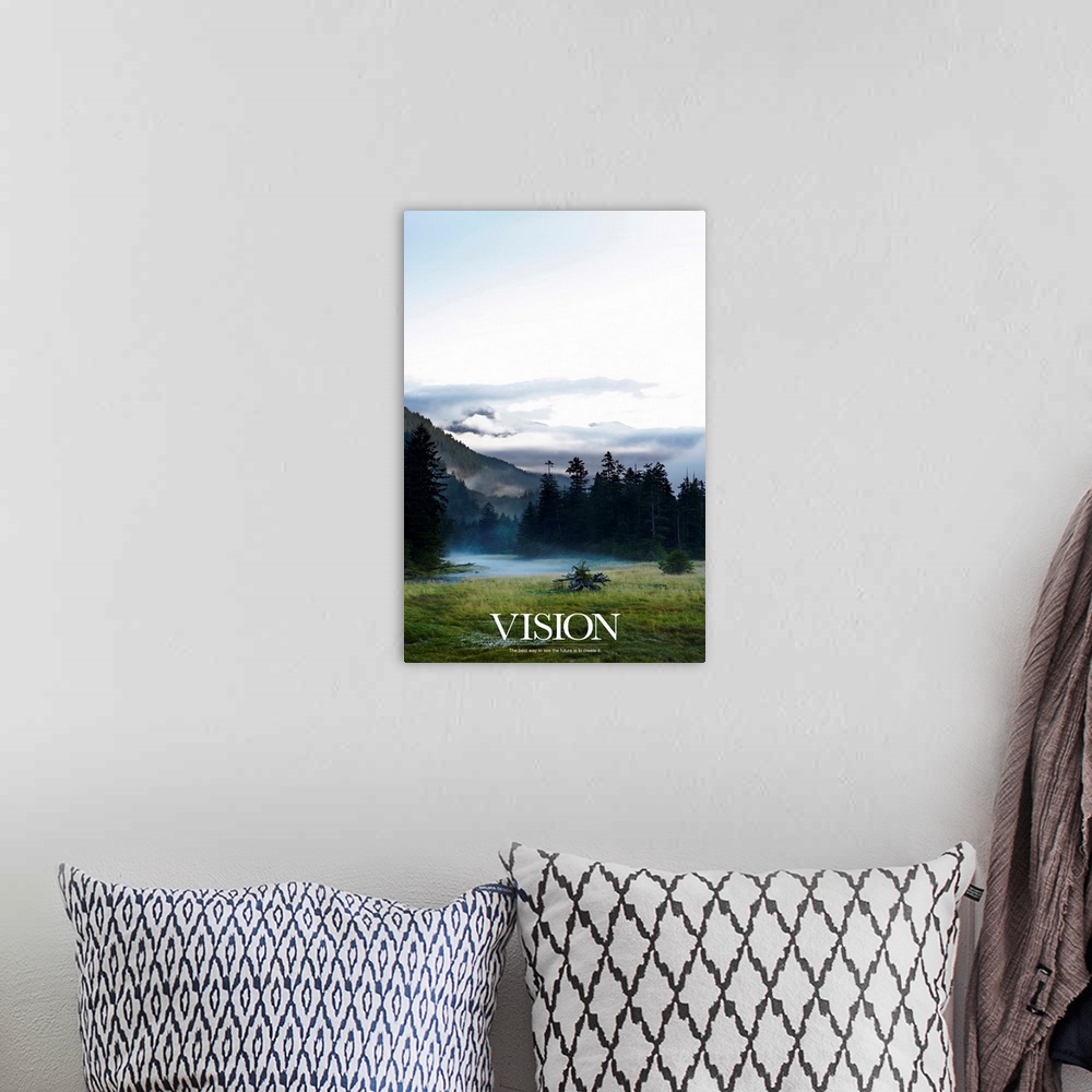 A bohemian room featuring Big, vertical inspirational wall hanging of an open sky above a misty mountain scene, text at the...