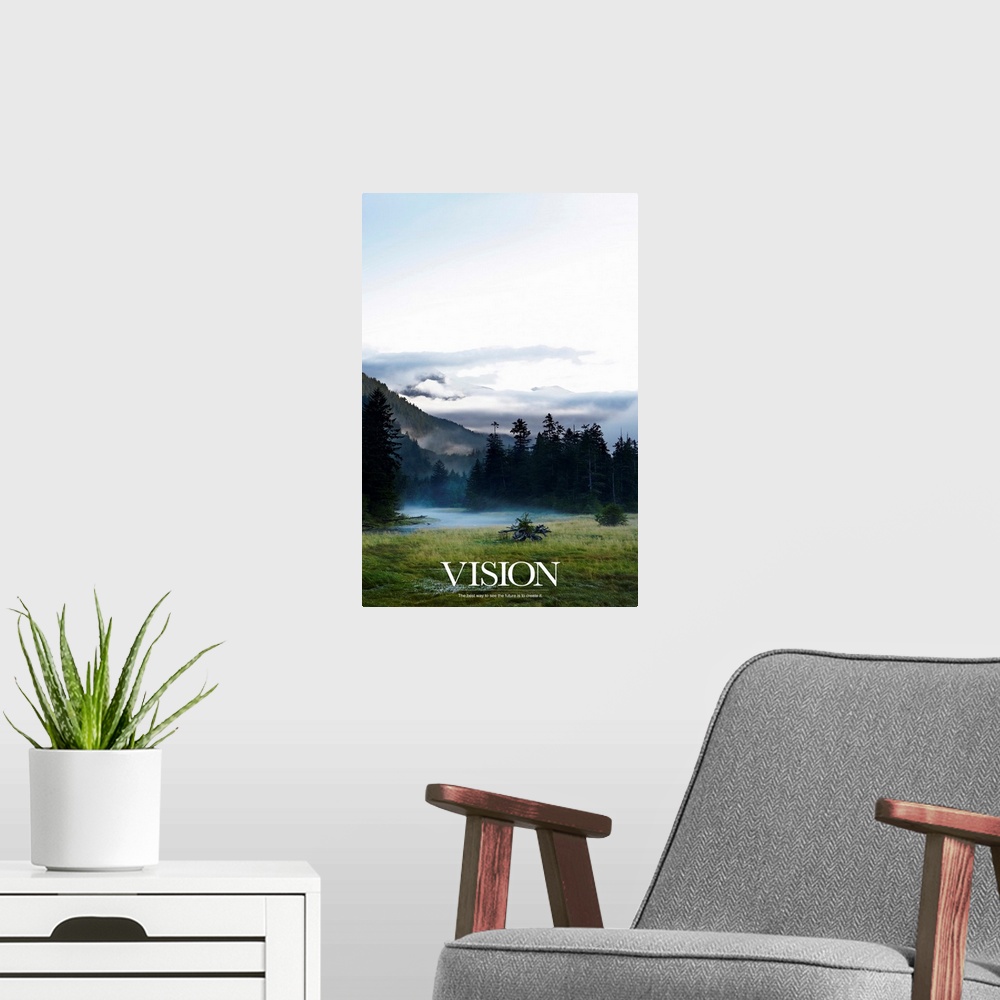 A modern room featuring Big, vertical inspirational wall hanging of an open sky above a misty mountain scene, text at the...