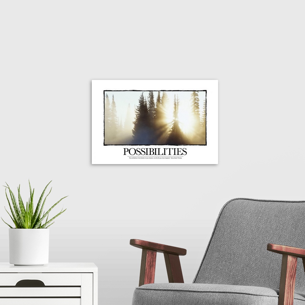 A modern room featuring Oversized inspirational wall hanging of a forest of pines, silhouetted by the bright sun beaming ...