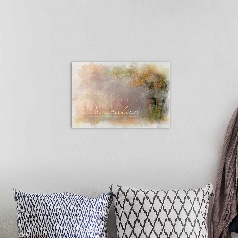 A bohemian room featuring Motivational print with the image of a forest and the text, "Dedication: The roots of success are...