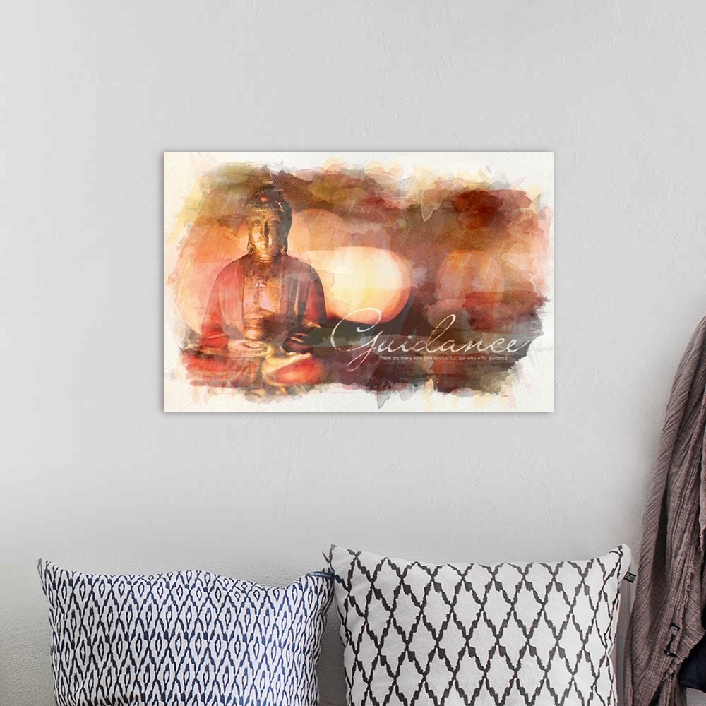 A bohemian room featuring Watercolor-style image of a Buddha statue bathed in warm light with an inspirational quotation.