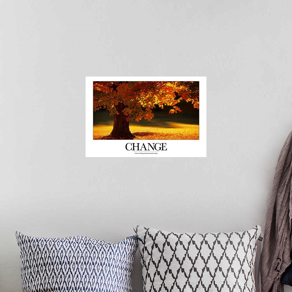 A bohemian room featuring Large inspirational wall art of an autumn tree full of colorful leaves and the word "Change" at t...