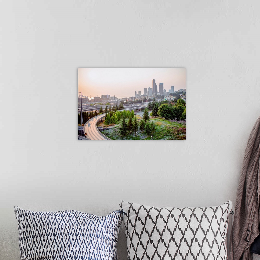 A bohemian room featuring View of I-5 as it stretches into downtown Seattle, Washington.