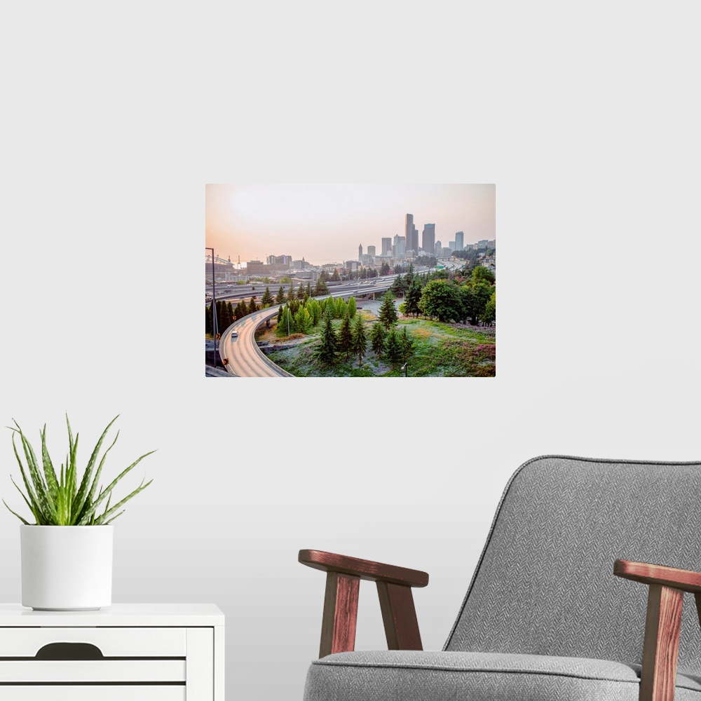 A modern room featuring View of I-5 as it stretches into downtown Seattle, Washington.