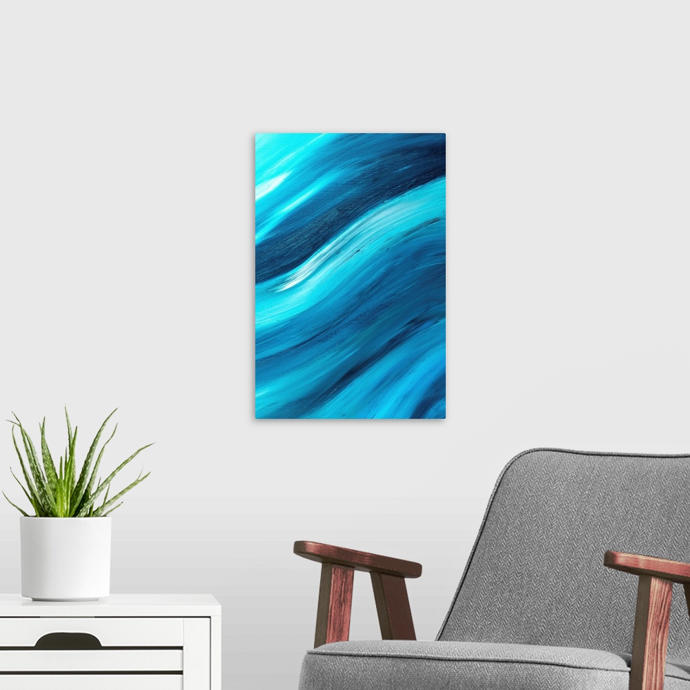 A modern room featuring Vertical contemporary painting in shades of blue, giving the impression of rolling waves.