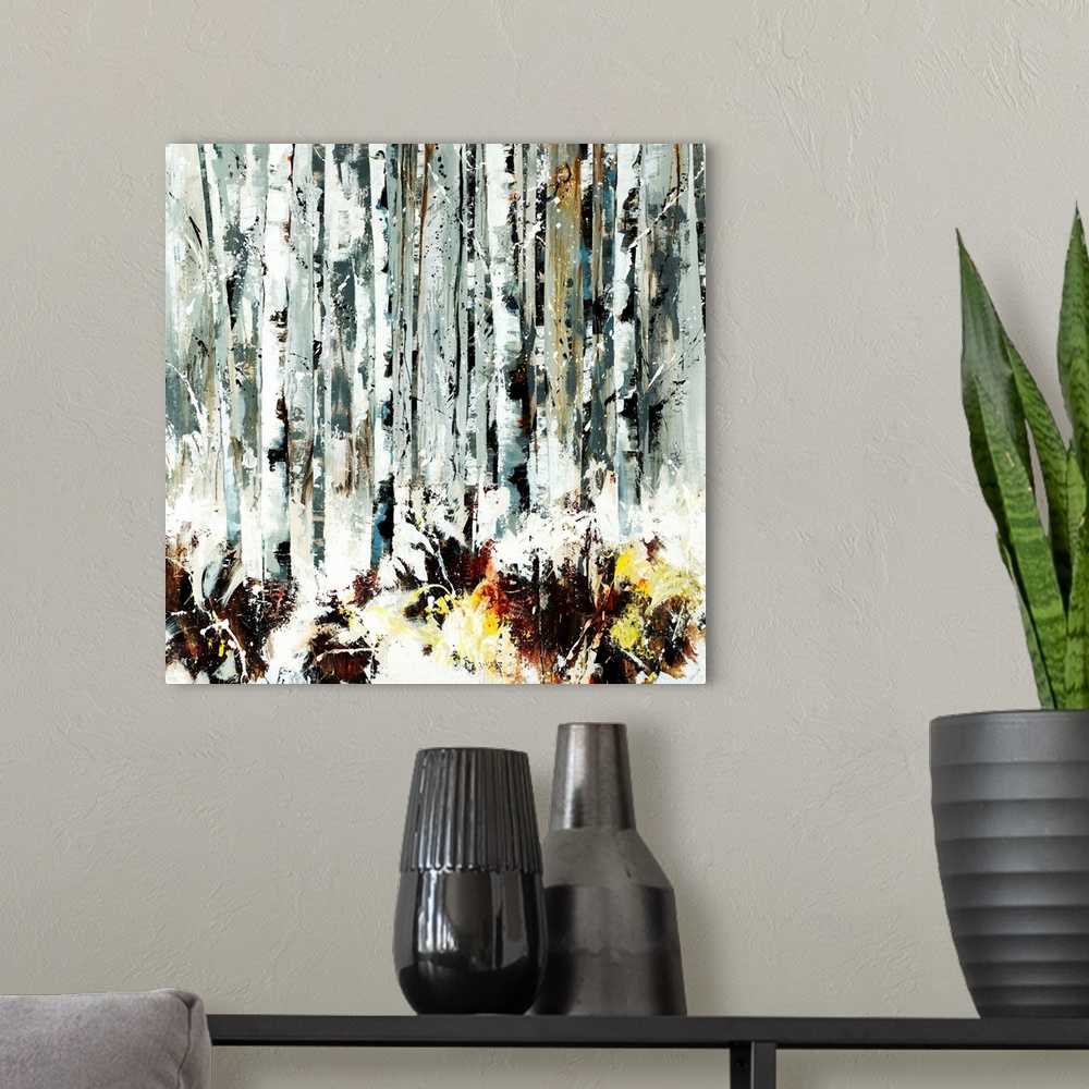 A modern room featuring Abstracted painting of birch trees done in various shades of gray.