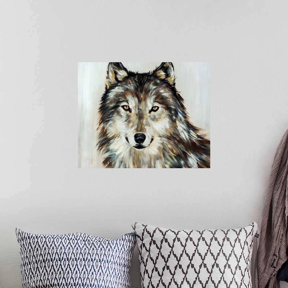 A bohemian room featuring Portrait of a wolf painted in various earth tones.