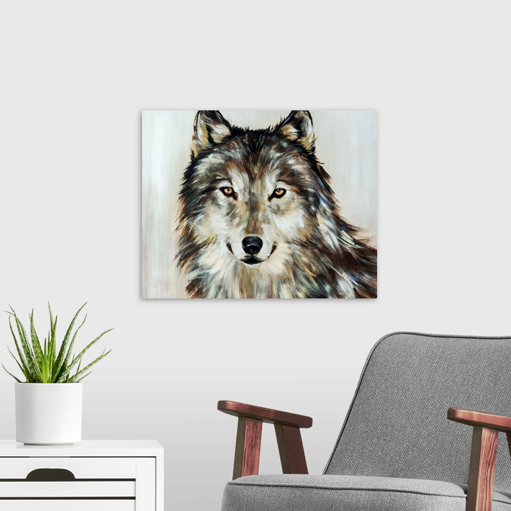A modern room featuring Portrait of a wolf painted in various earth tones.