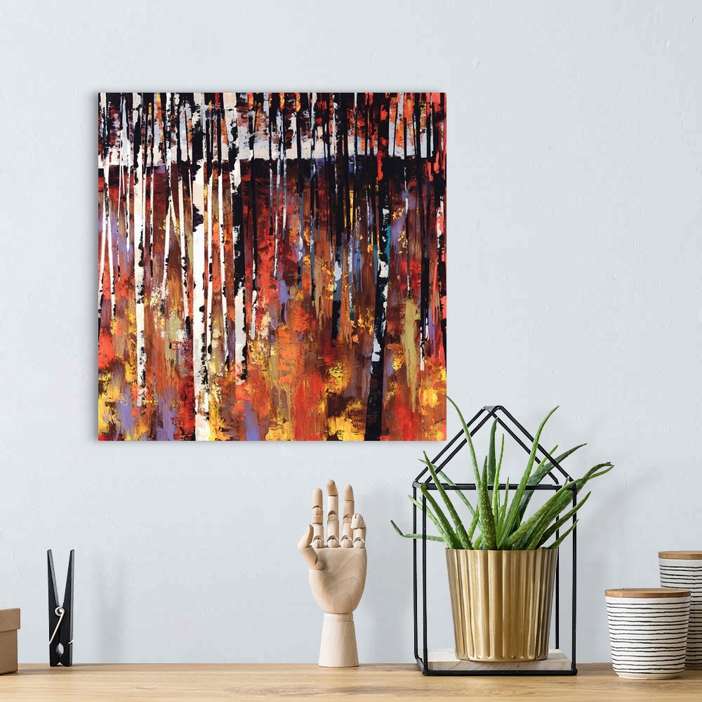 A bohemian room featuring Big contemporary art depicts a densely filled forest covered with thin trees set against a colorf...
