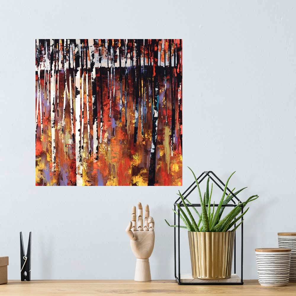 A bohemian room featuring Big contemporary art depicts a densely filled forest covered with thin trees set against a colorf...