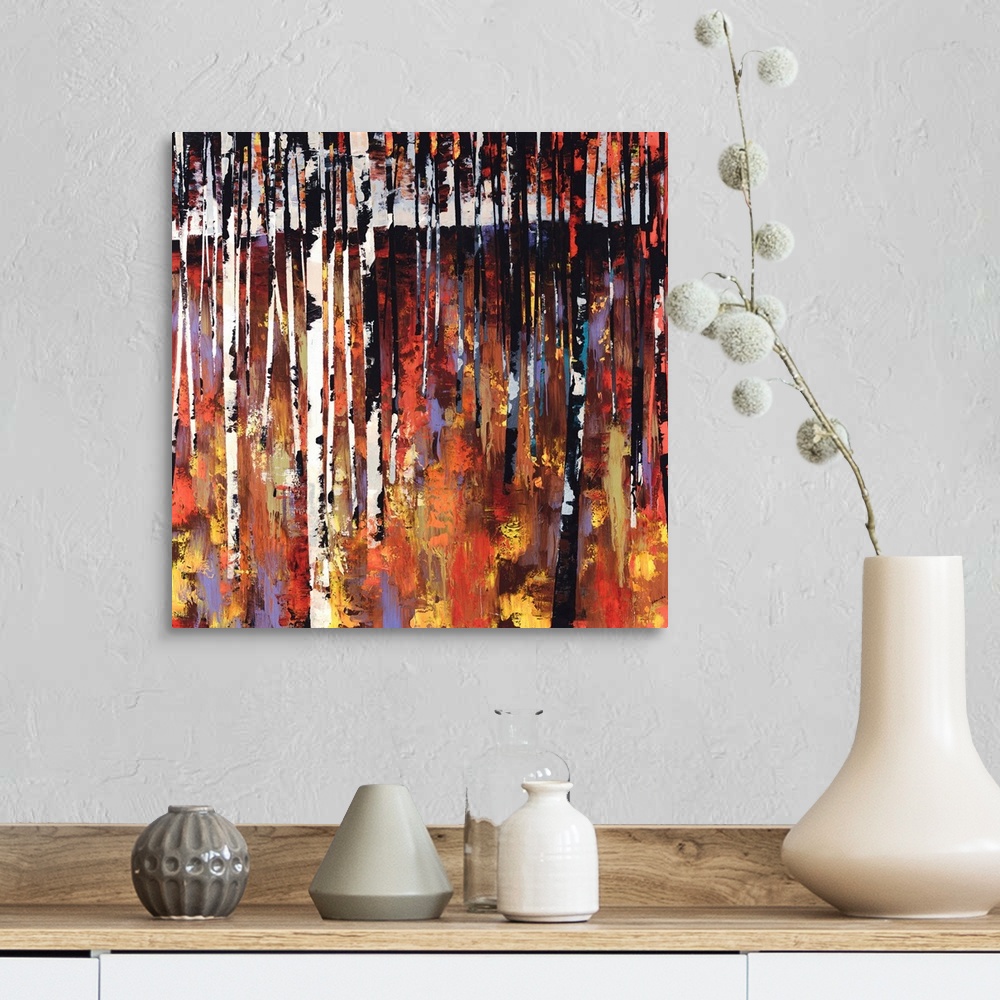 A farmhouse room featuring Big contemporary art depicts a densely filled forest covered with thin trees set against a colorf...