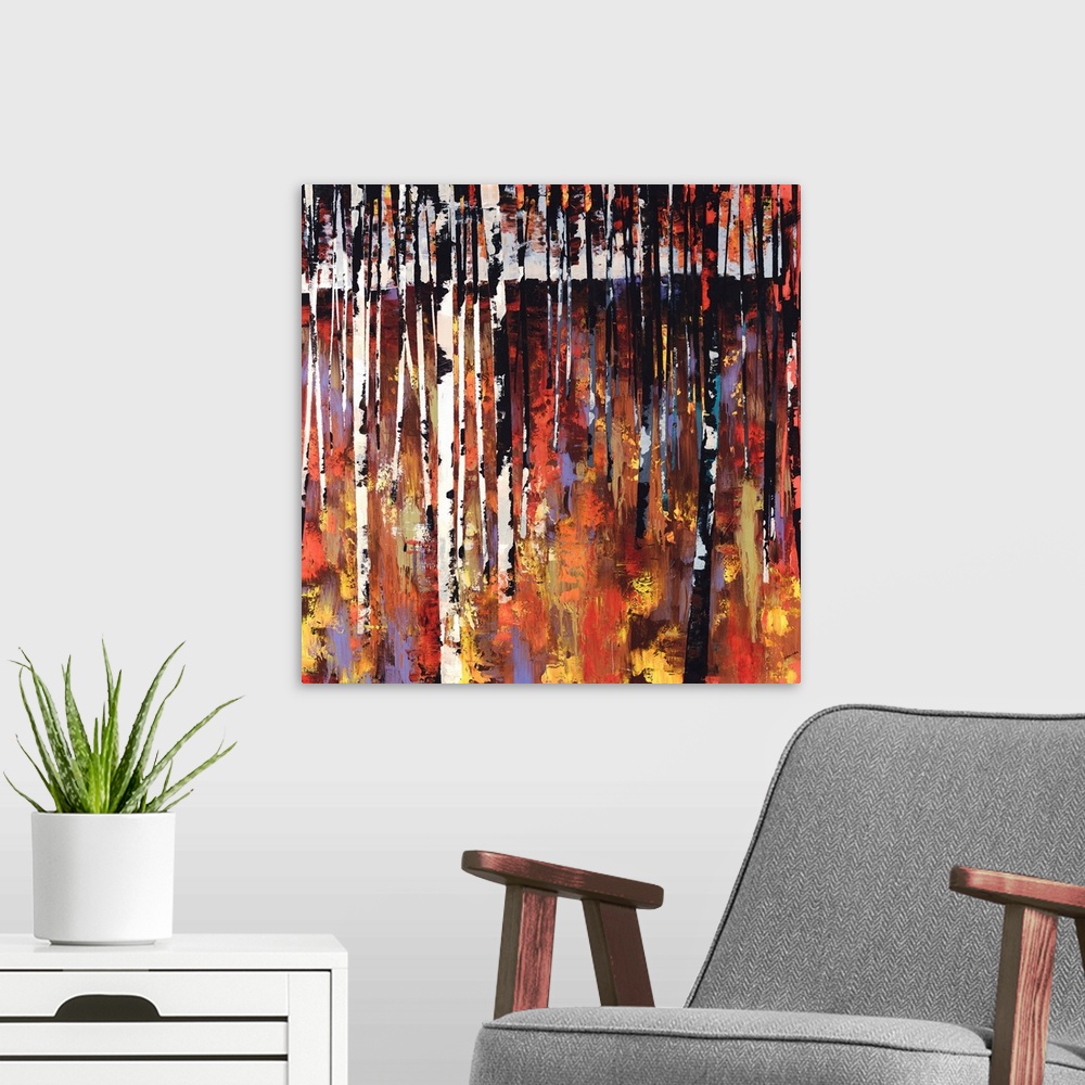 A modern room featuring Big contemporary art depicts a densely filled forest covered with thin trees set against a colorf...