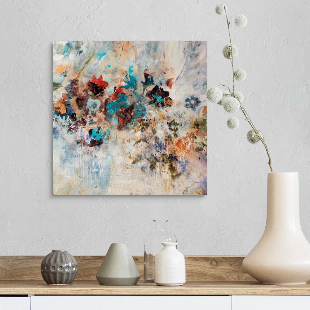 A farmhouse room featuring Abstract art piece of flowers pushing through the textured cream background.