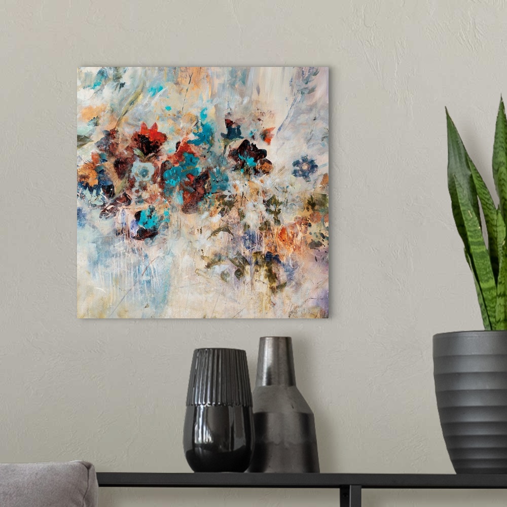 A modern room featuring Abstract art piece of flowers pushing through the textured cream background.