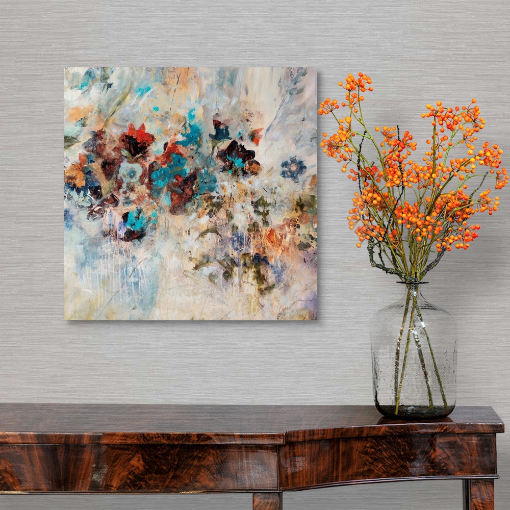 A traditional room featuring Abstract art piece of flowers pushing through the textured cream background.