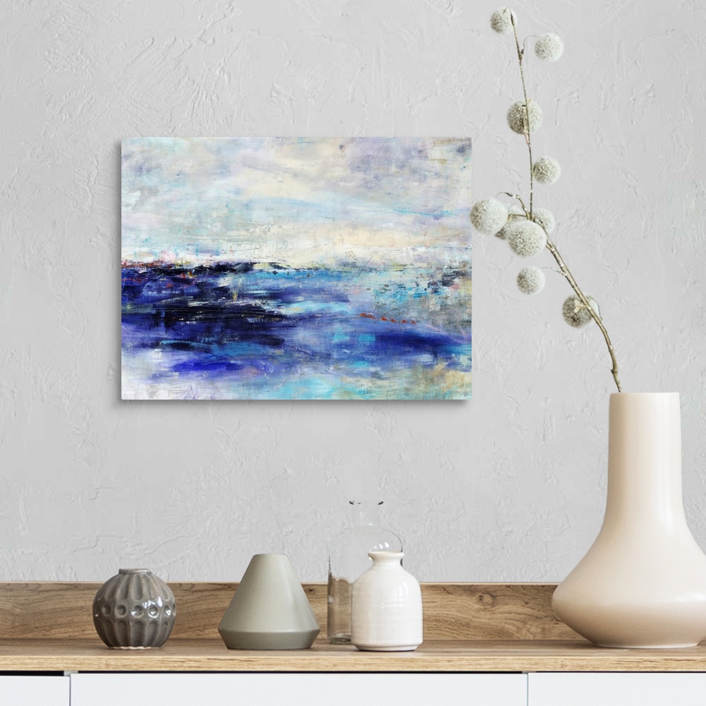 A farmhouse room featuring Abstract painting of an island made up of large brush stroke textures.
