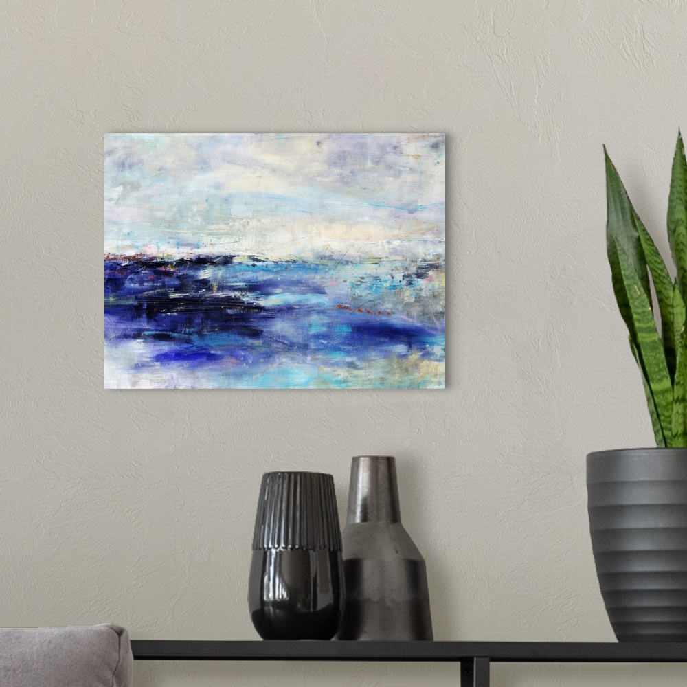 A modern room featuring Abstract painting of an island made up of large brush stroke textures.