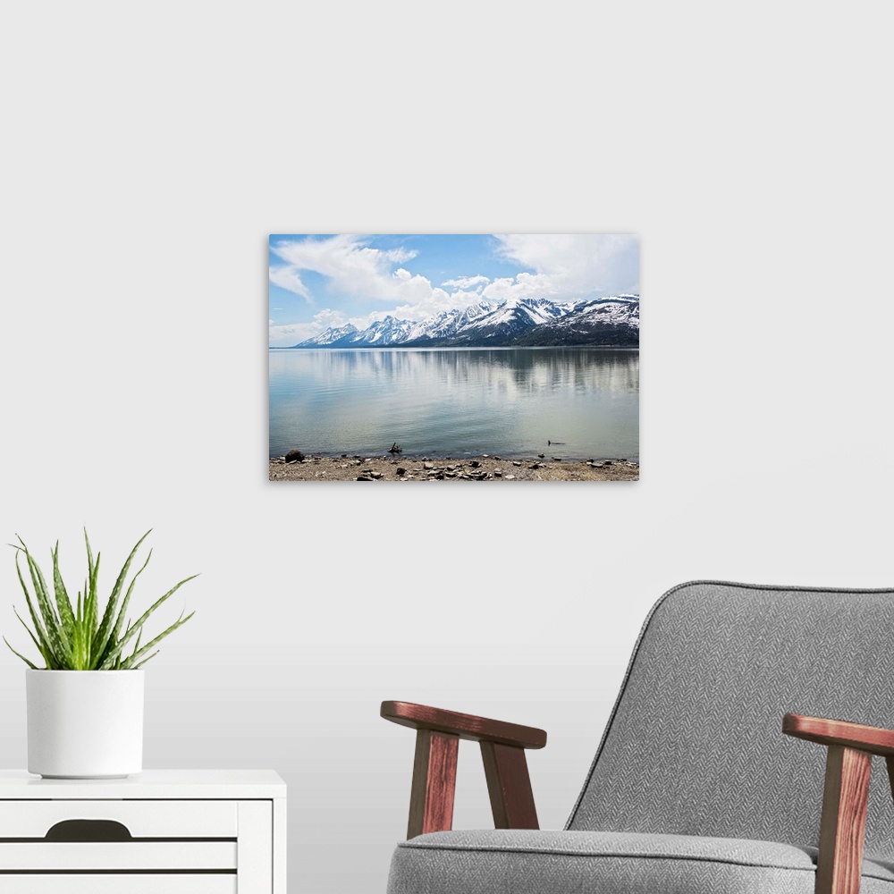 A modern room featuring Landscape photograph of Jackson Lake with the Grand Teton mountains in the background.