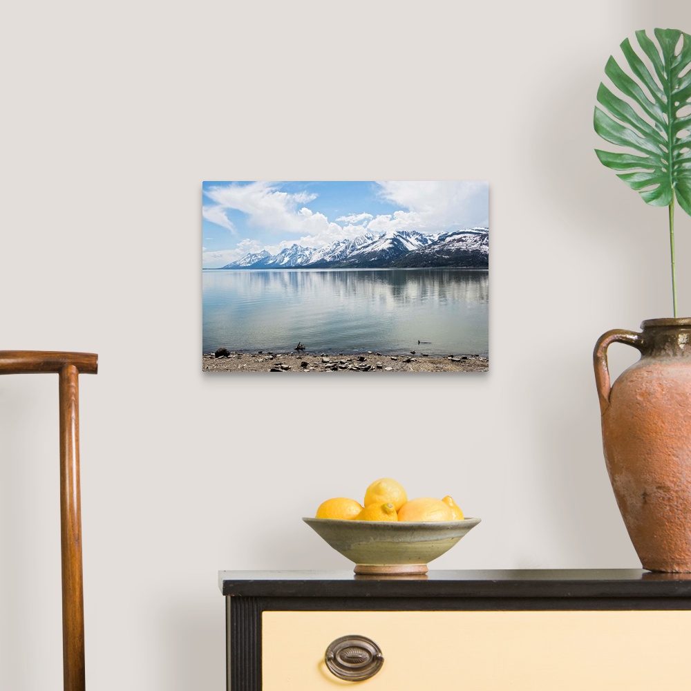 A traditional room featuring Landscape photograph of Jackson Lake with the Grand Teton mountains in the background.