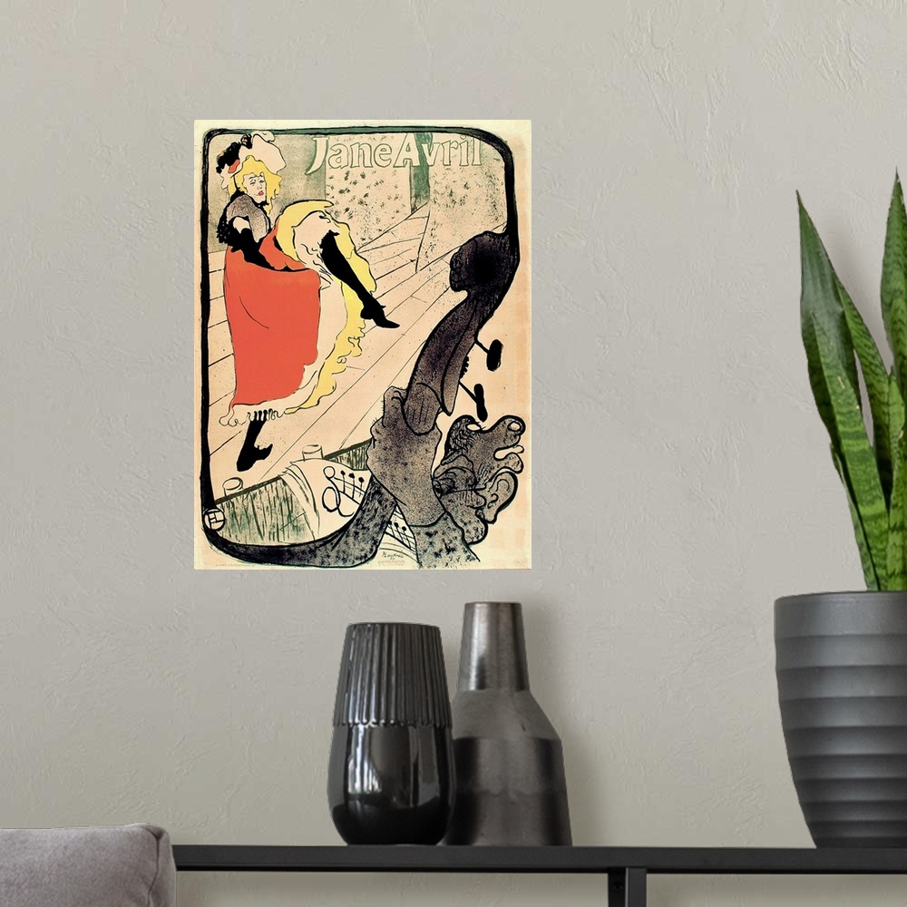 A modern room featuring Lautrec's graphic posters-for performers, like Jane Avril, or dance halls, like the Moulin Rouge-...