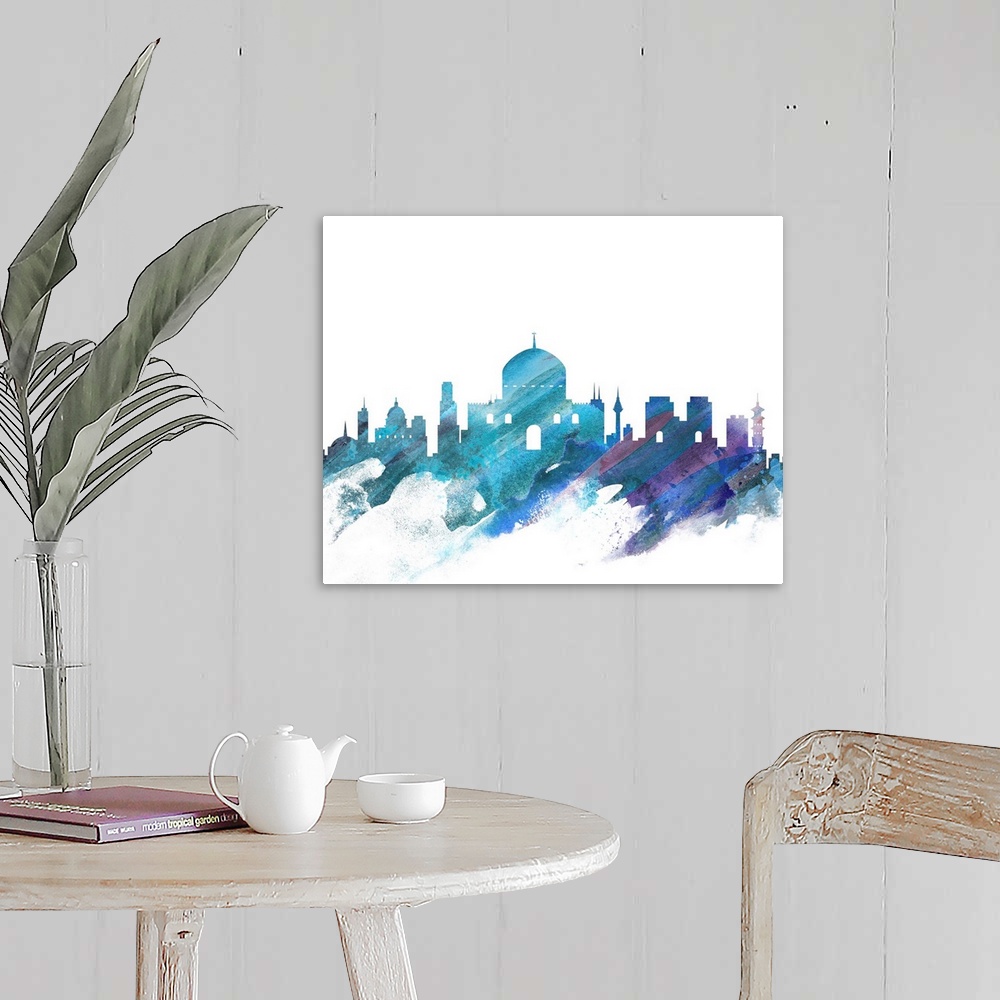 A farmhouse room featuring Contemporary watercolor skyline of Jerusalem in blue and purple tones.