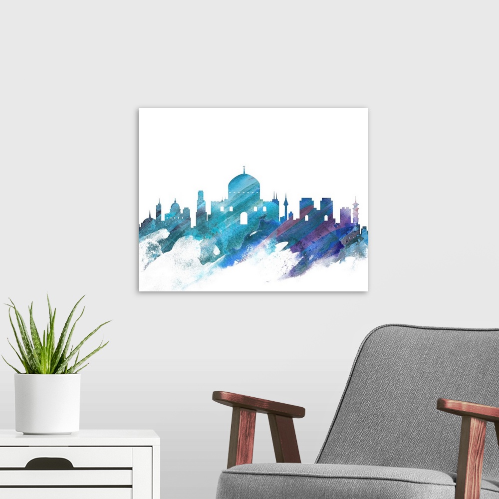 A modern room featuring Contemporary watercolor skyline of Jerusalem in blue and purple tones.