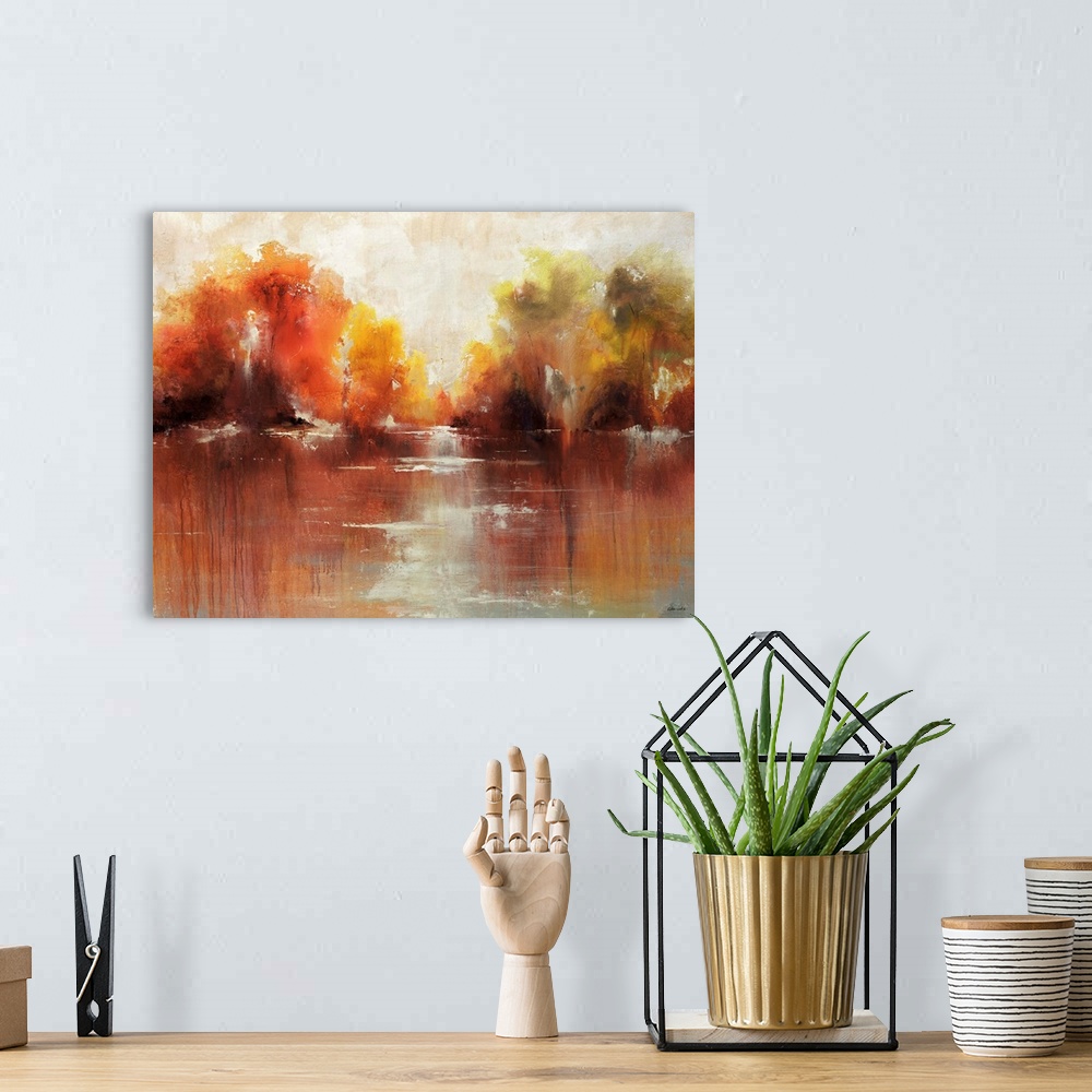A bohemian room featuring Contemporary, decorative wall art of an abstract painting that is reminiscent of autumn shrubs re...
