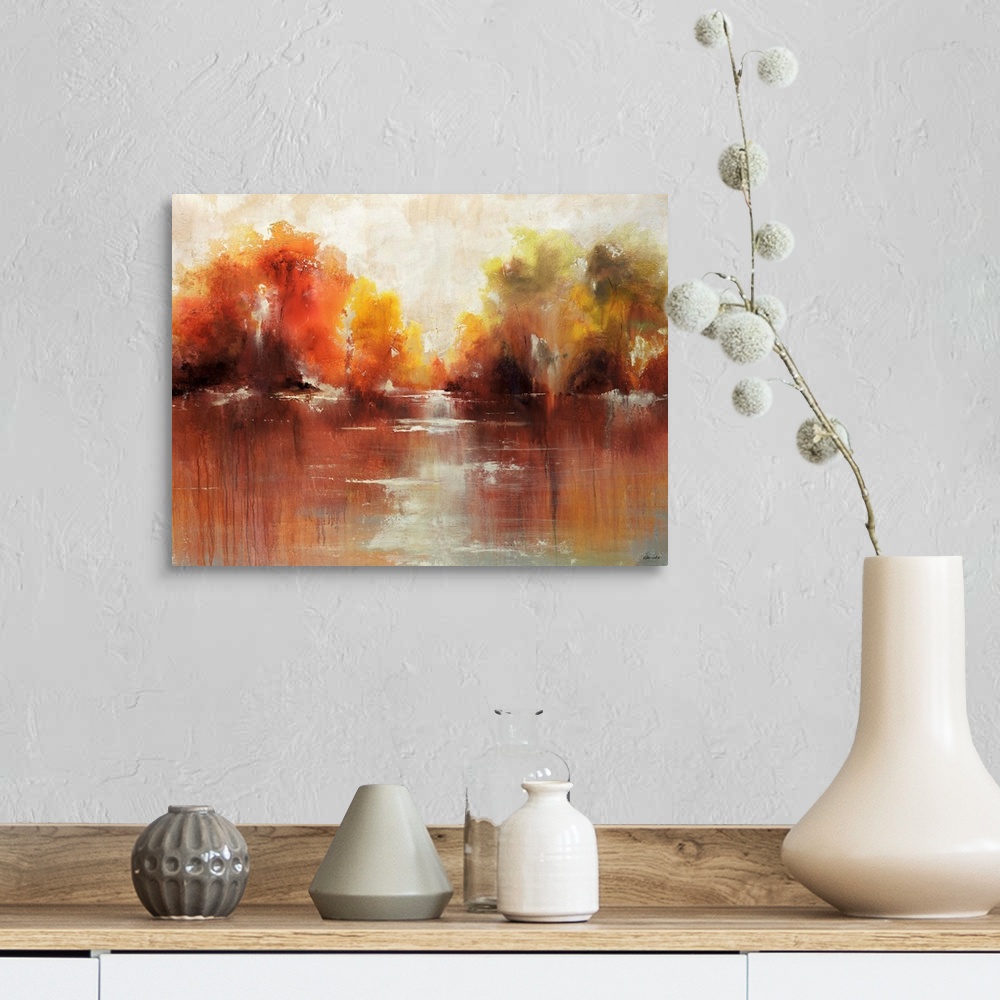A farmhouse room featuring Contemporary, decorative wall art of an abstract painting that is reminiscent of autumn shrubs re...