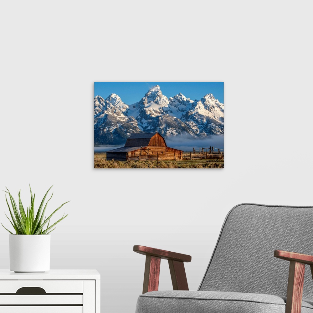 A modern room featuring View of the John Moulton Barn with Middle Teton, Grand Teton and Mount Owen in the background. Gr...