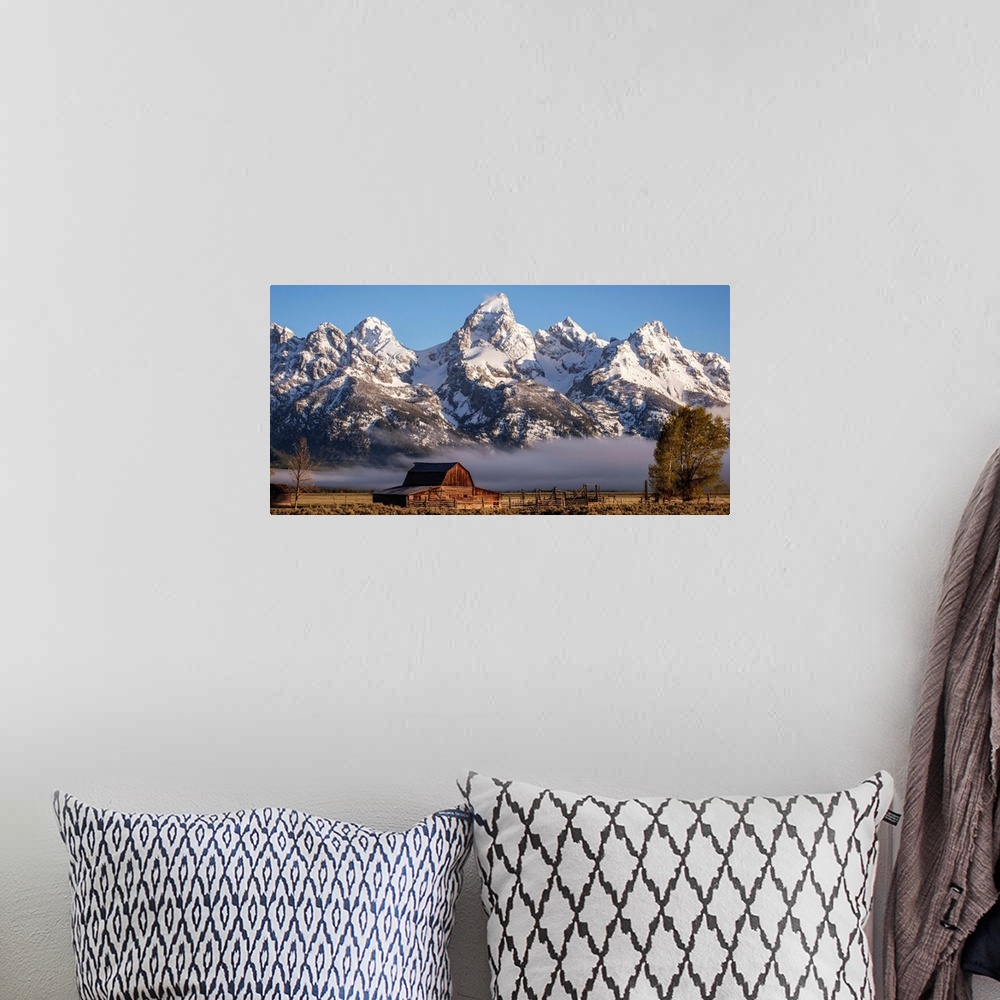 A bohemian room featuring View of the John Moulton Barn with Middle Teton, Grand Teton and Mount Owen in the background. Gr...