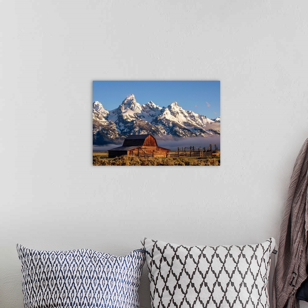 A bohemian room featuring View of the John Moulton Barn with Middle Teton, Grand Teton and Mount Owen in the background. Gr...