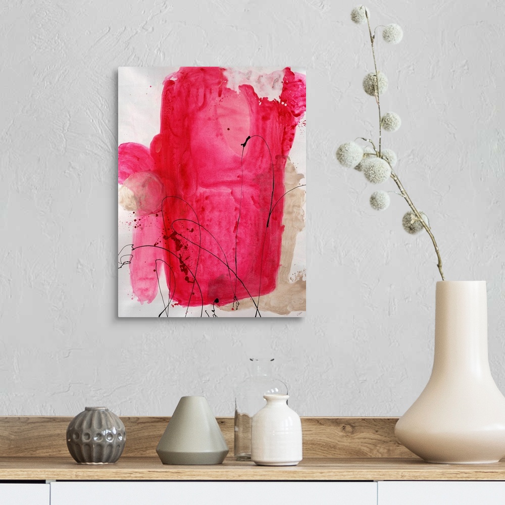A farmhouse room featuring Painting of a large abstract shape in bright pink tones with thin, swirling lines of paint that a...