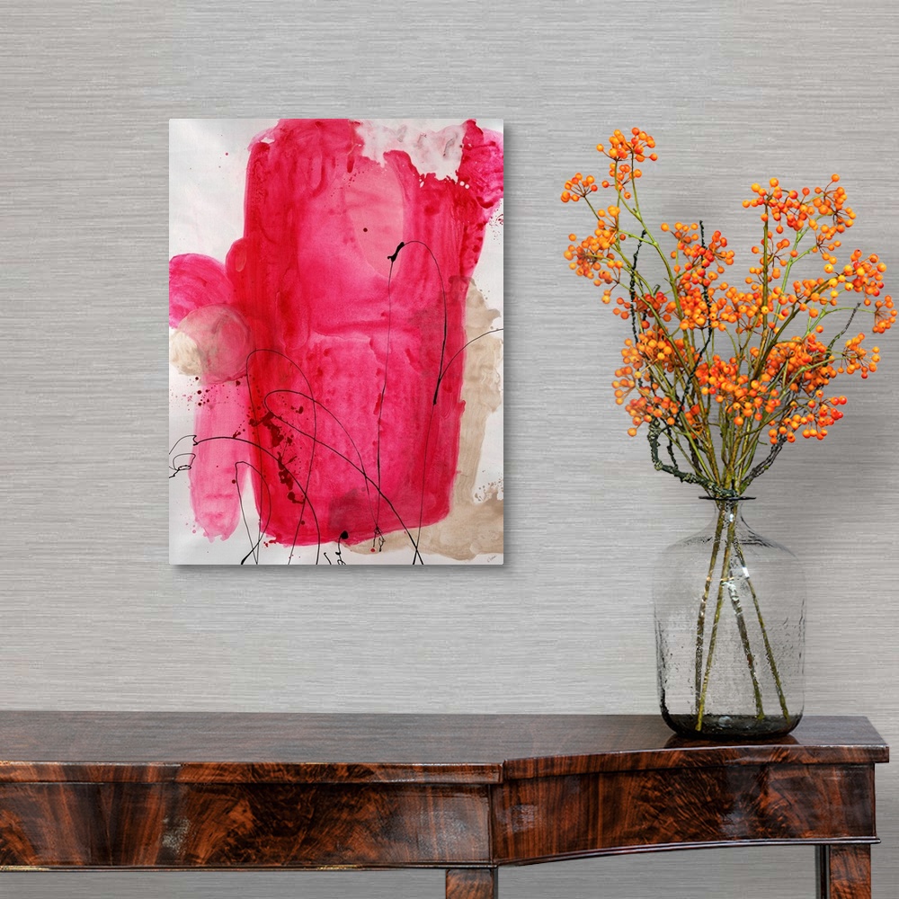A traditional room featuring Painting of a large abstract shape in bright pink tones with thin, swirling lines of paint that a...