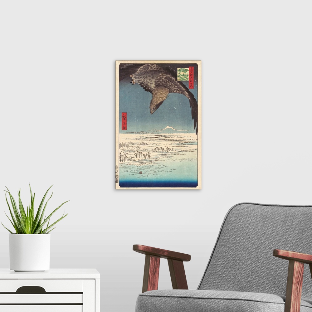 A modern room featuring A hawk is diving for prey on the snowy marshes below. Renowned for its size, the marshland depict...