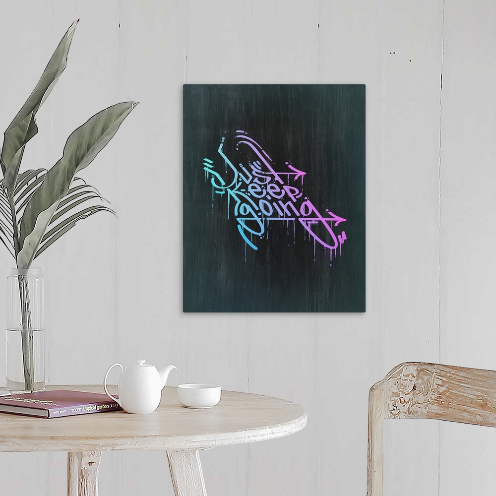 A farmhouse room featuring Typography poster with dripping, graffiti-style text in a bright gradient.
