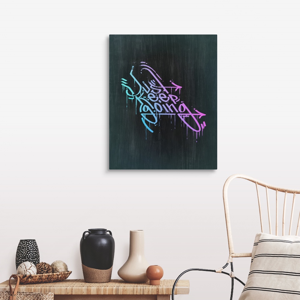 A farmhouse room featuring Typography poster with dripping, graffiti-style text in a bright gradient.