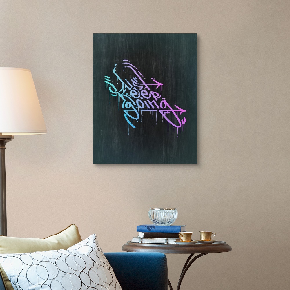 A traditional room featuring Typography poster with dripping, graffiti-style text in a bright gradient.