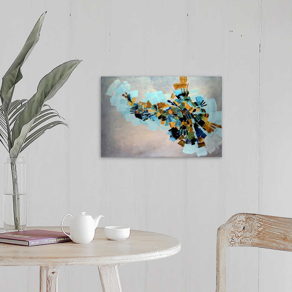 A farmhouse room featuring Fan like shapes radiate outward in this abstract painting on a horizontal wall hanging for the of...