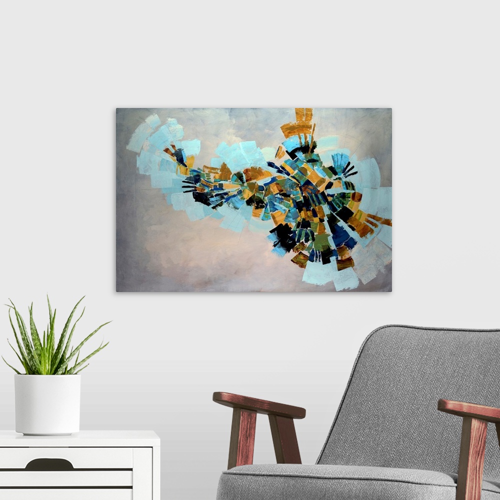 A modern room featuring Fan like shapes radiate outward in this abstract painting on a horizontal wall hanging for the of...