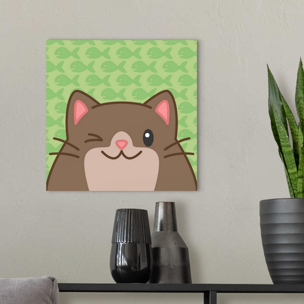 A modern room featuring A cute round brown kitty with a happy expression over a fish-patterned background.