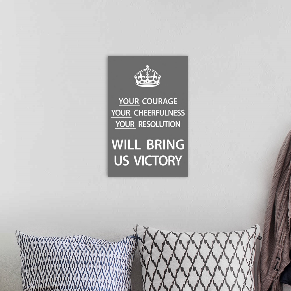 A bohemian room featuring The classic British wartime motto updated in modern fresh colors.
