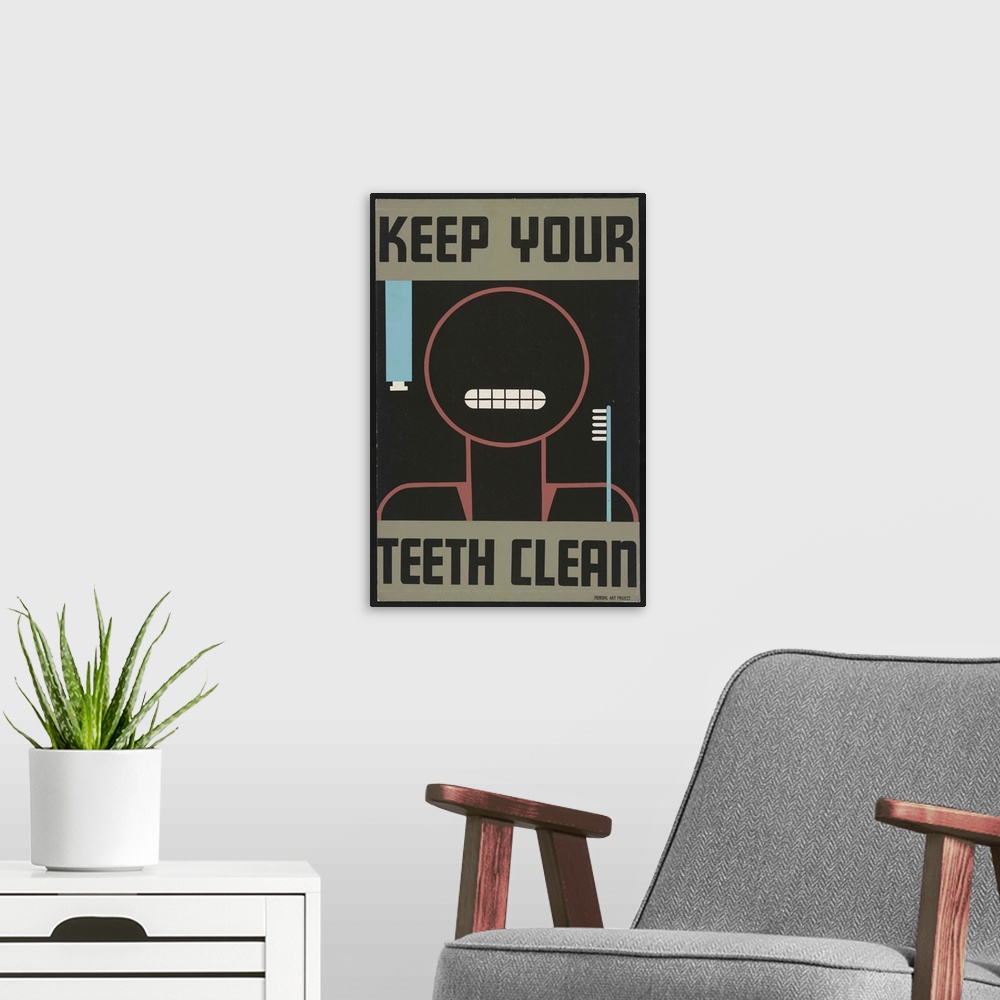 A modern room featuring Artwork promoting good oral hygiene, showing stylized face, toothbrush and toothpaste.