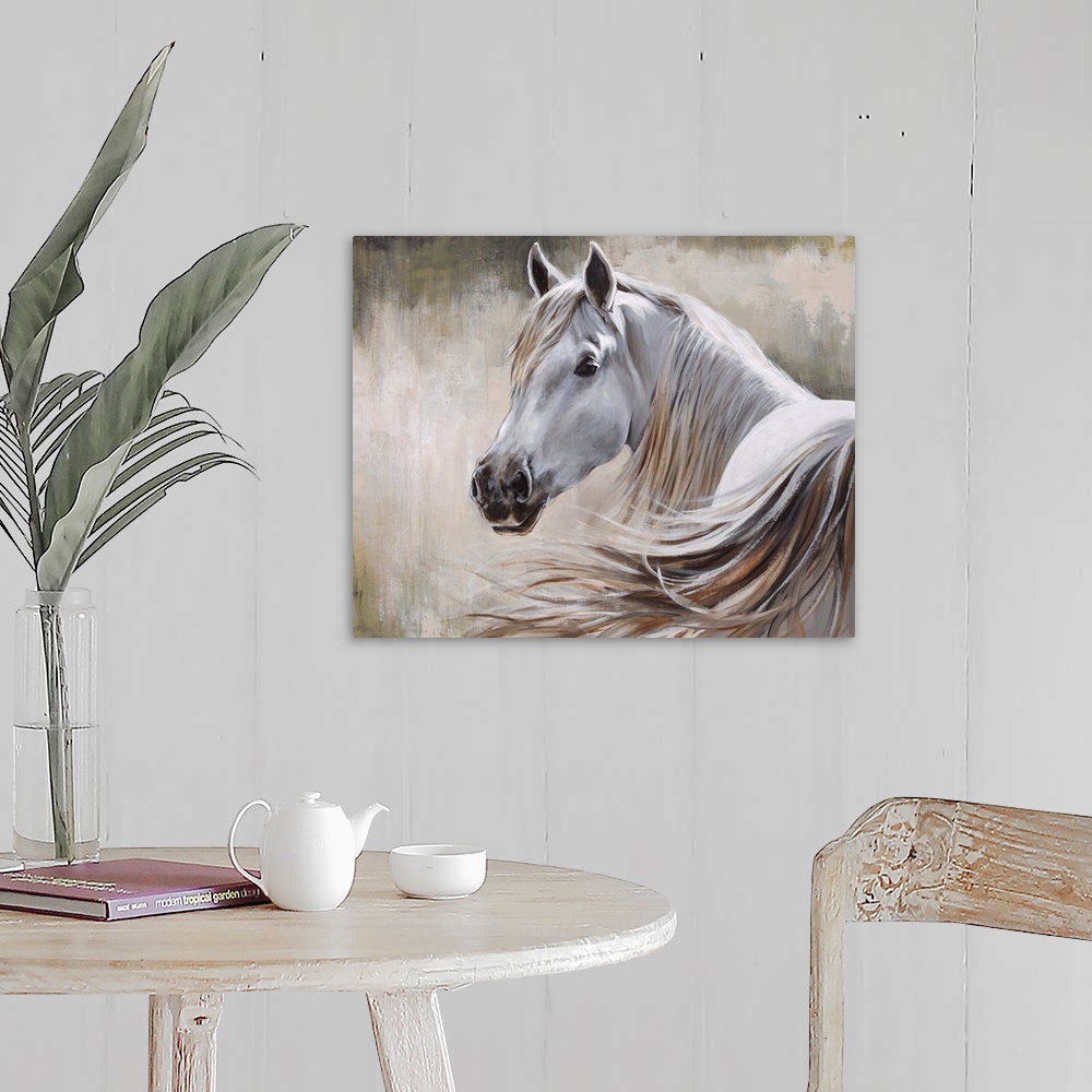 A farmhouse room featuring Contemporary painting of a white horse and its flowing mane in front of a neutral background.