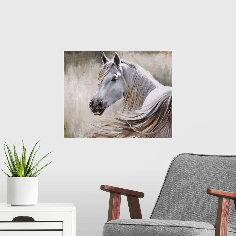 A modern room featuring Contemporary painting of a white horse and its flowing mane in front of a neutral background.
