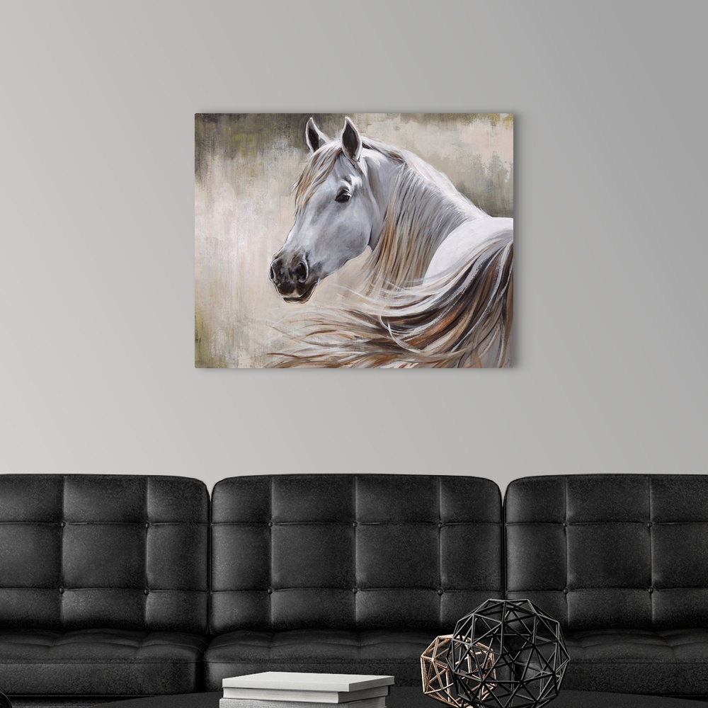 A modern room featuring Contemporary painting of a white horse and its flowing mane in front of a neutral background.