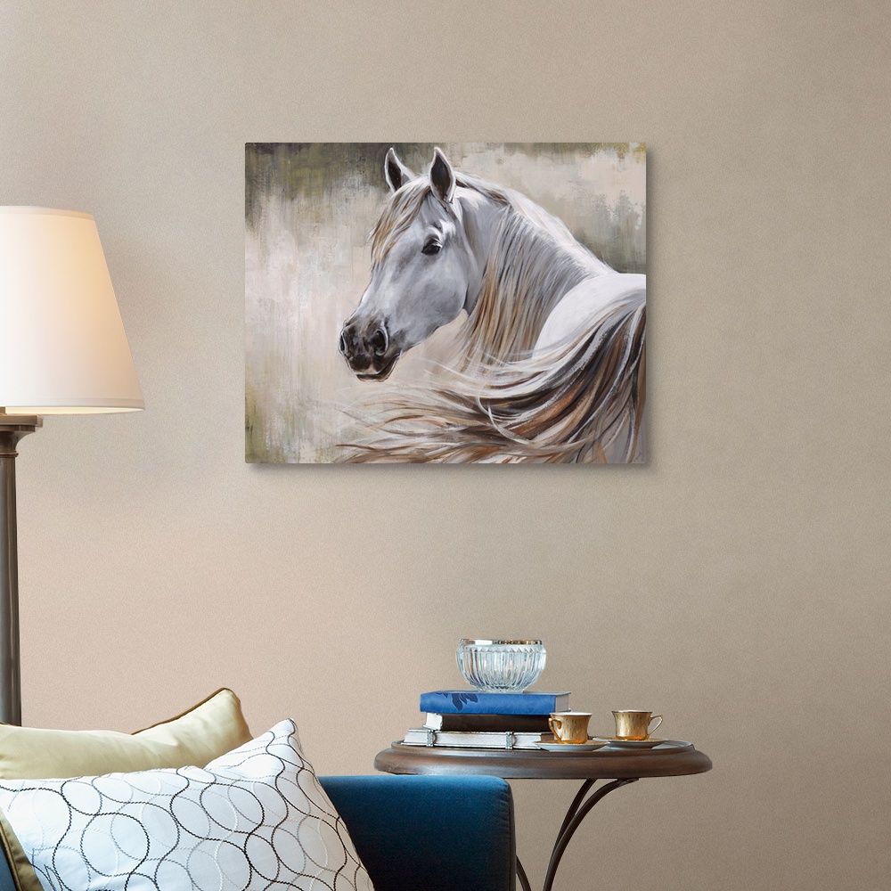 A traditional room featuring Contemporary painting of a white horse and its flowing mane in front of a neutral background.